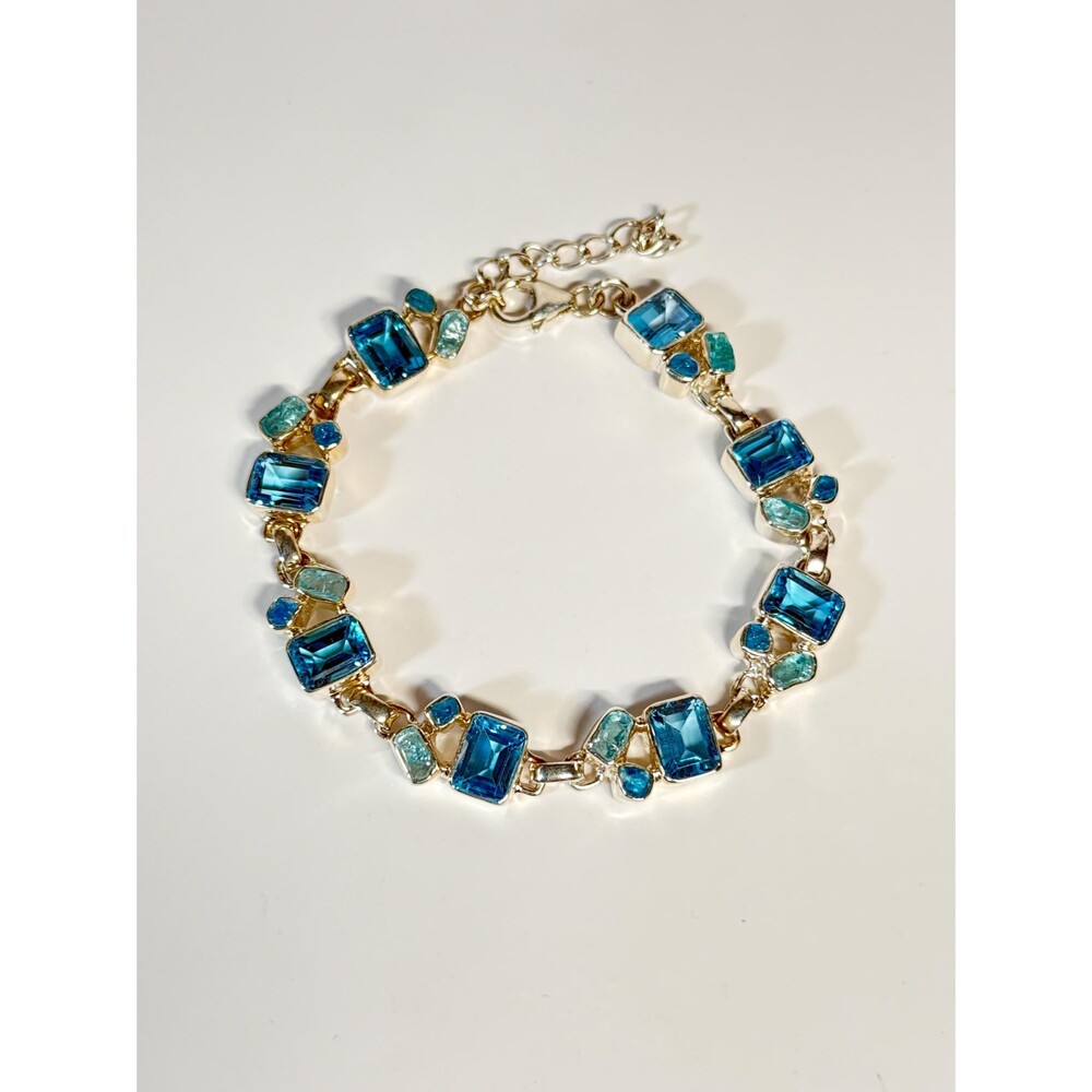925 Sterling Silver Blue Topaz Geometric Link Bracelet Adjustable 8.5"